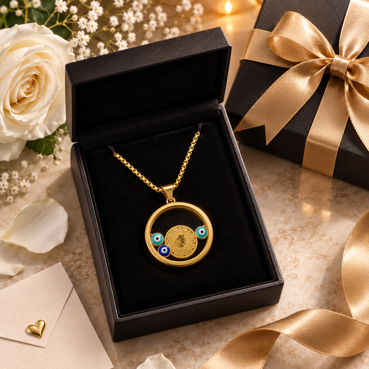 Aura Nazar Madalyon Kolye – Gold Paslanmaz Çelik