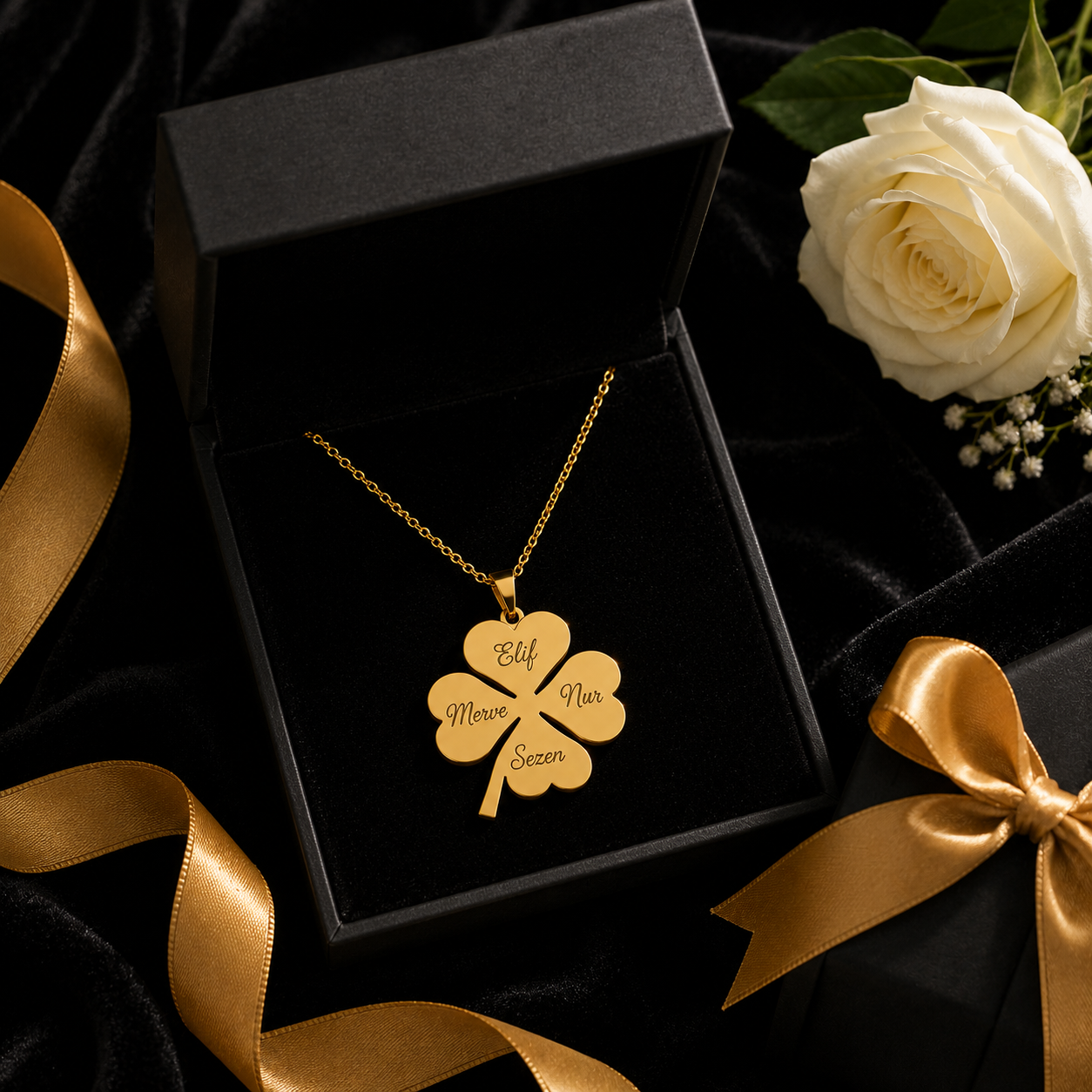 Kişiye Özel 4 İsimli Yonca Kolye – Gold Paslanmaz Çelik