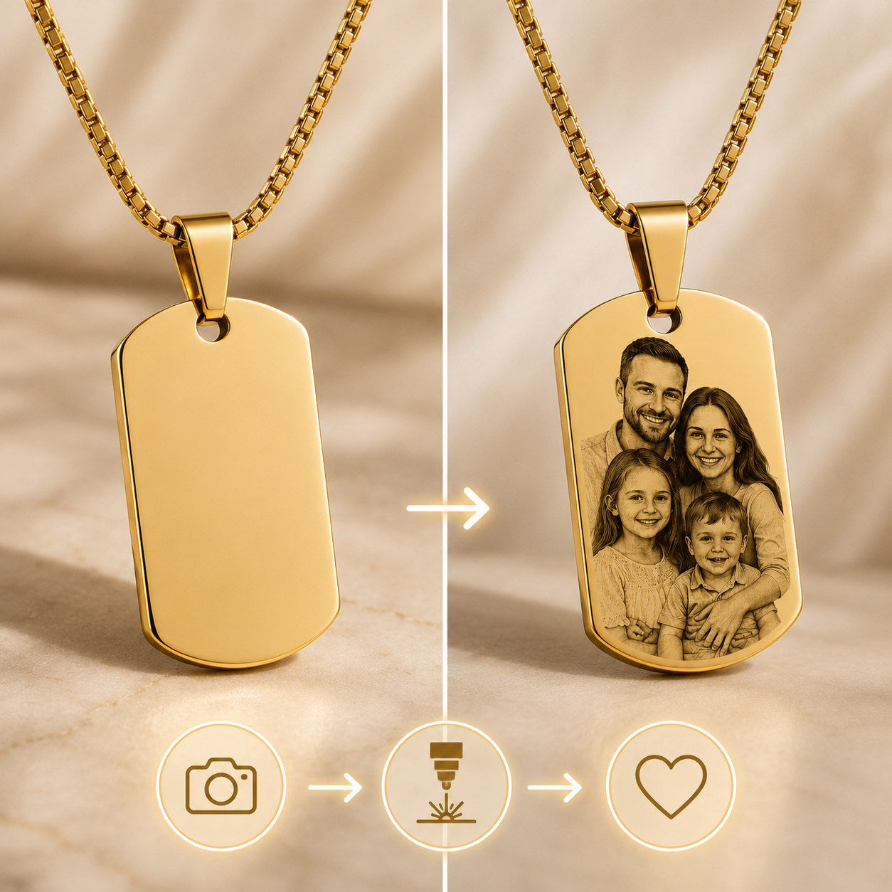 Kişiye Özel Fotoğraf İşlemeli Gold Dog Tag Çelik Kolye