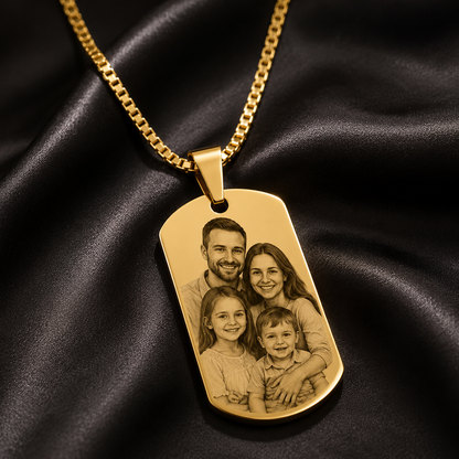 Kişiye Özel Fotoğraf İşlemeli Gold Dog Tag Çelik Kolye