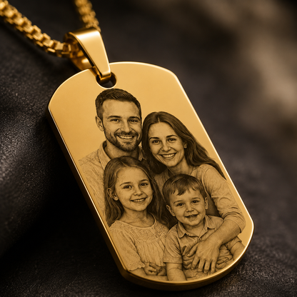 Kişiye Özel Fotoğraf İşlemeli Gold Dog Tag Çelik Kolye