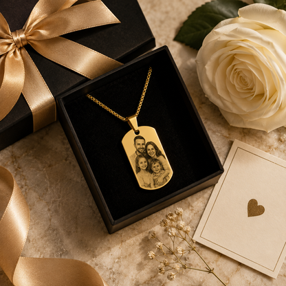 Kişiye Özel Fotoğraf İşlemeli Gold Dog Tag Çelik Kolye